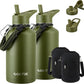 COKTIK Half Gallon Insulated Water Bottle, 64 oz Triple Wall Stainless Steel Flask,Cold for 48 Hrs Leak-Proof & BPA-Free Jug with Paracord Handle, Straw & Spout Lids(2 pack, Army Green)