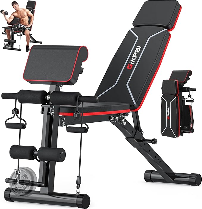 GIKPAL Adjustable Weight Bench - Workout Bench Press for Home Gym, Foldable Incline Decline Sit up Exercise Bench for Full Body Strength Training w/Leg Extension and Preacher Pad