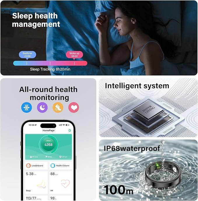 Smart Ring Health Tracker, Fitness Sleep and Heart Rate Monitor Smart Ring, Waterproof Bluetooth Fitness Tracker Ring IPX68 Waterproof (Silver, 9)