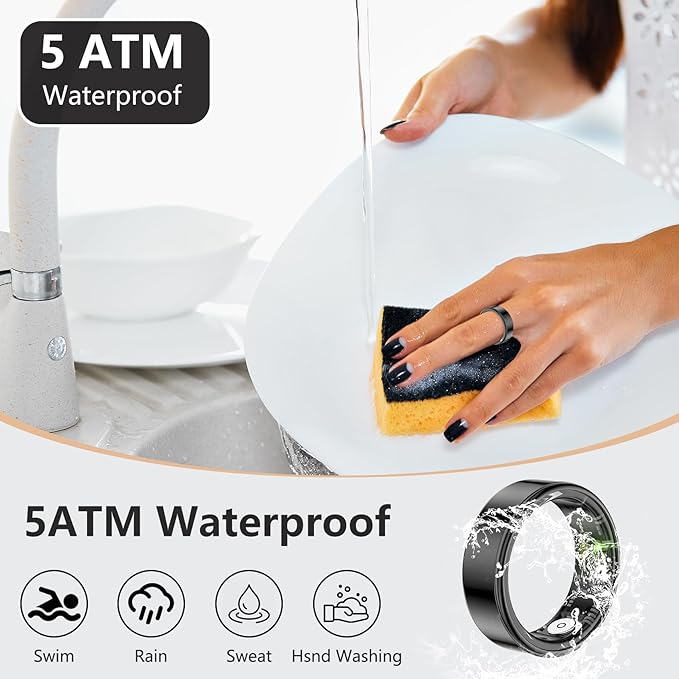 Thin Smart Ring for Fitness & Health Tracking -Heart Rate/Blood Oxygen Monitor, 5ATM Waterproof, Sleep Analysis, Pedometer -No APP Subscription Compatible with Smartphone (Black, 12)