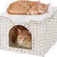 Cat Beds Indoor Kitten House, Handwoven Rattan Cat Cave Pet Cube, Large Cat Houses, One Bed Mat, Foldable, Hideaway, 16.5x16.5x13.2 Inches, 2 S-Shaped Hooks in Living Room Bedroom White