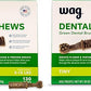 Amazon Brand - Wag Dental Dog Treats to Help Clean Teeth & Freshen Breath - Tiny, Unflavored, 2.25 pounds, 130 Count (Pack of 2)