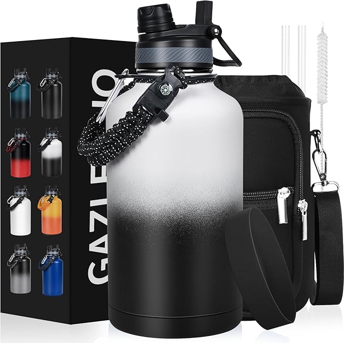 Insulated Water Bottle 64 oz, Half Gallon Water Jug Cold 48H, BPA Free Stainless Steel Bottles with Straw/Chug 2-in-1 Lid, Bag, Paracord Handle, Silicone Boot, Sports Gym School Metal Flask