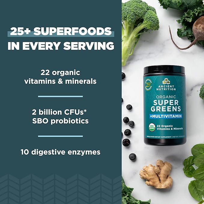 Ancient Nutrition, Vitamin Powder, One Bottle Made from Real Fruits, Vegetables and Herbs, for Digestive and Energy Support, 25 Servings, 7.5oz