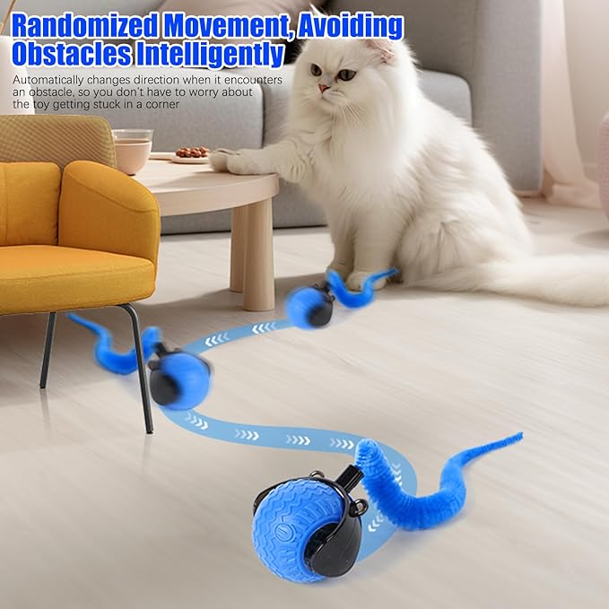nteractive Cat Ball Toy, Cat Toy Ball with Cord Imitation Mouse, Obstacle Avoidance Smart CatToy Balls, Motion Activated Toys to Keep Them Busy (Blue, 1)