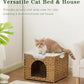 Cat Beds Indoor Kitten House, Handwoven Rattan Cat Cave Pet Cube, Large Cat Houses, One Bed Mat, Foldable, Hideaway, 16.5x16.5x13.2 Inches, 2 S-Shaped Hooks in Living Room Bedroom Natural