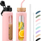Kodrine Water Bottle with Straw, 24 oz Glass water Bottle with 2 Lids Bamboo Straw Lid and Spout Lid with Handle, 32 oz Clear Water Bottle Glass for Sports Travel, Waterbottle with Time Marker