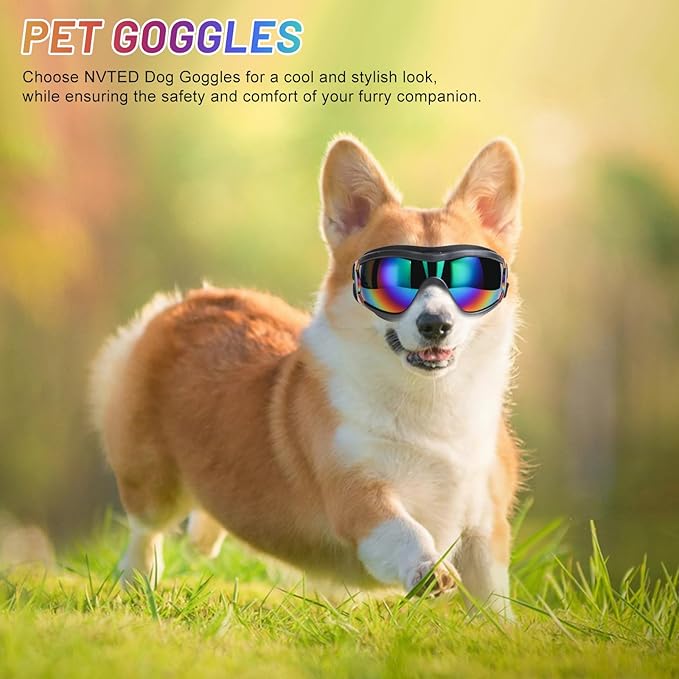 NVTED Dog Sunglasses Dog Goggles, UV Wind Dust Fog Protection Pet Glasses Eye Wear with Adjustable Strap for Medium or Large Size (Laser)