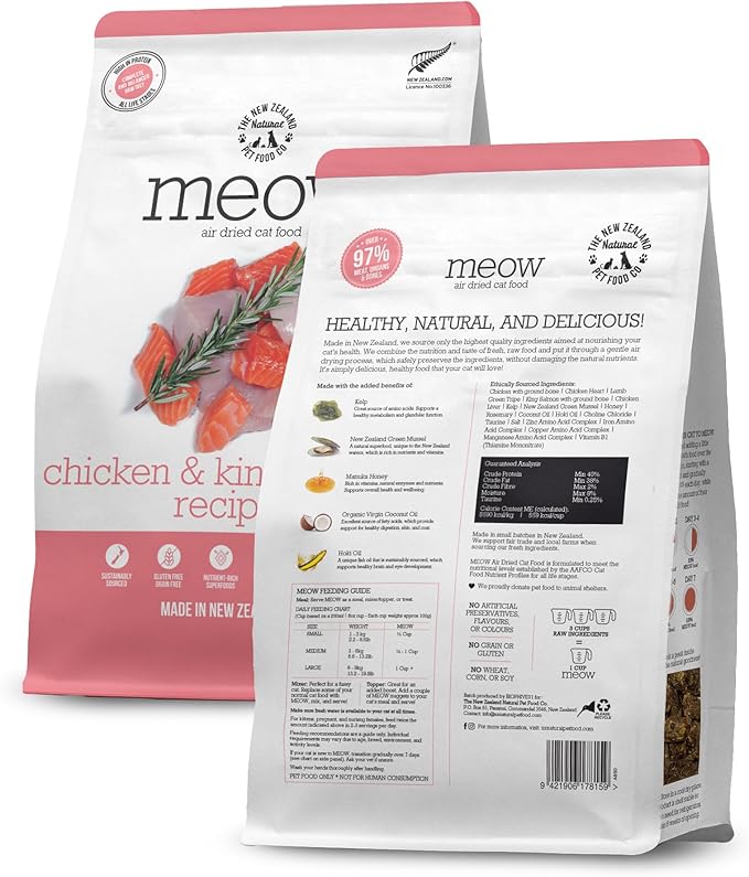 Meow Air Dried Cat Food - Chicken & King Salmon Recipe, Dry Cat Food, High Protein Meals, Treats & Toppers,26.5 oz