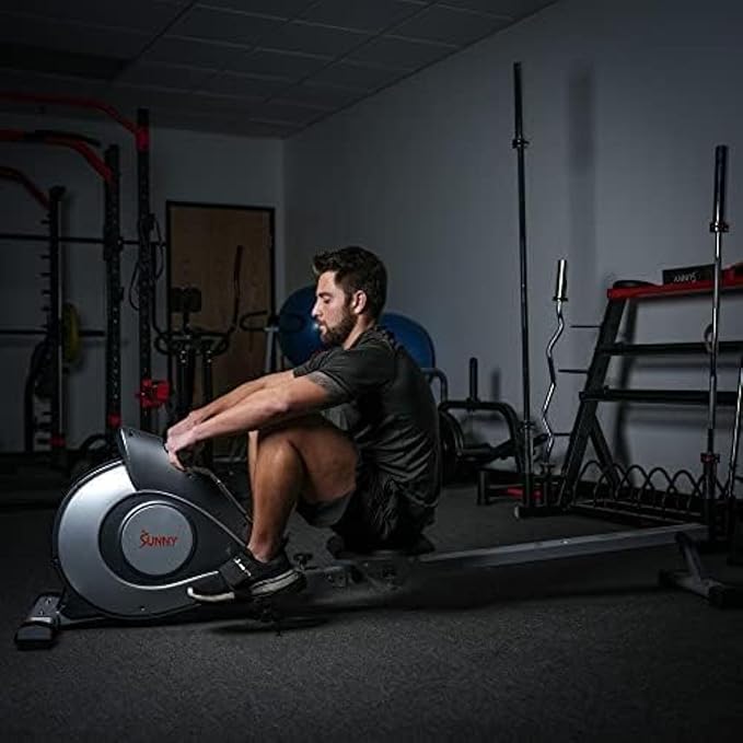 Sunny Health & Fitness Flip & Foldable Rowing Machine for Home w/Extended Slide Rail, Full-Body Workout, Low-Impact, Optional Extra Long Rail, Quiet Rail Cover, Water Motion and Free SunnyFit App