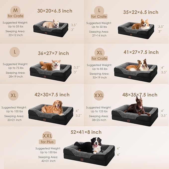 EHEYCIGA Memory Foam Dog Bed for Medium Size, Orthopedic Dog Sofa with Sides and Waterproof Liner, Washable Bolster Pet Couch with Removable Cover, 35x22x6.5 Inch, Grey/Black