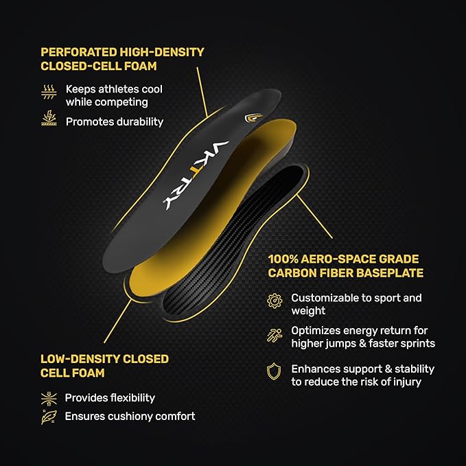 VKTRY Gold for Non-Cleated Shoes - Carbon Fiber Performance Insoles - Customized Athletic Inserts for Sports Basketball Volleyball Running & More | Shock Absorption US M15.5-16, 171-220lbs