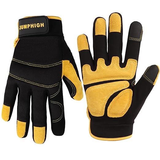 JUMPHIGH Safety Work Gloves, Men's Utility Mechanic Working Gloves for All Purpose, Touchscreen Compatible, Flexible Breathable Fit, Knuckles & Palm