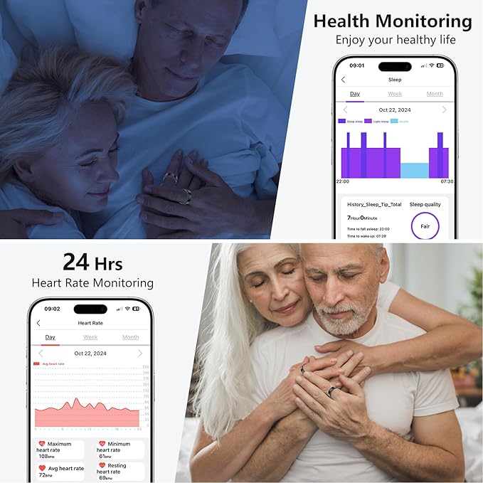 Thin Smart Ring for Fitness & Health Tracking -Heart Rate/Blood Oxygen Monitor, 5ATM Waterproof, Sleep Analysis, Pedometer -No APP Subscription Compatible with Smartphone (Black, 12)