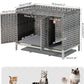 Cat Litter Box Enclosure Furniture with Divider, Handwoven Rattan Litter Box with Mat, 31.2 x 19.6 x 24.2 Inches, Metal Heightened Feet, Hidden Cat House for Living Room, Bedroom (Gray)