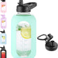 64 oz Glass Water Bottle With Straw and Handle, Half Gallon Sports Motivational Water Jug Flask with Silicone Sleeve, Large Water Cup with Time Marker for Travel, Gym, Seafoam