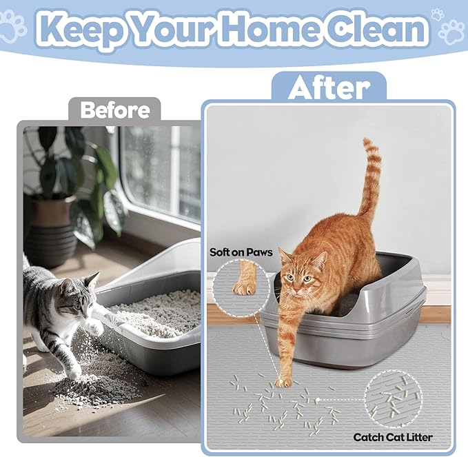 Cat Litter Mat, Extra Large 40" x 28" Silicone Mat Litter Trapping Mat for Scatter Control, Soft on Kitty Paws, Easy to Clean (Gray)