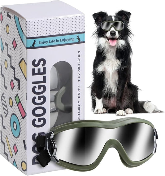 NVTED Dog Sunglasses Goggles, UV Wind Dust Fog Protection Pet Glasses Eye Wear Protection with Adjustable Strap for Medium or Large Dog (Green)
