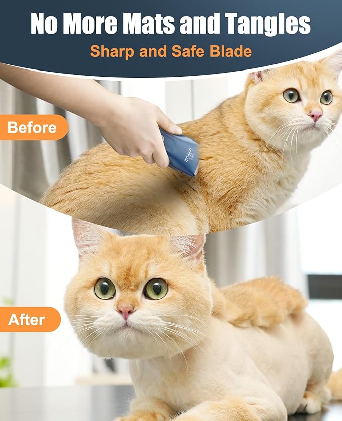 oneisall Pet Clipper for Cat Matted Hair, Pet Shaver for Cats Quiet Pet Clippers Waterproof Cordless Cat Clippers for Matted Hair Long Hair with Storage Bag (Blue)