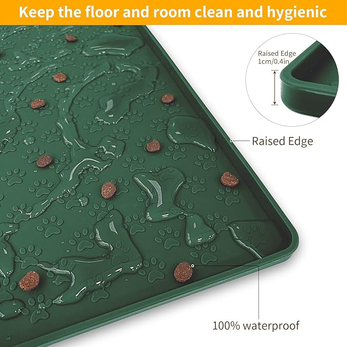 Ptlom Pet Placemat for Dog and Cat, Waterproof Silicone Pet Feeding Bowl Mats for Food and Water, Small Medium Large Dogs Mat Prevent Residues from Spilling to Floor, Hunter Green, 18" 12"
