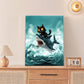 Funny Black Cat Bathroom Wall Art Cute Cat Riding Shark Canvas Wall Decor Animal Kitten Pictures Painting Print Artwork Framed Decorations Gifts for Cat Lover Kids Room Bedroom 16"x20"