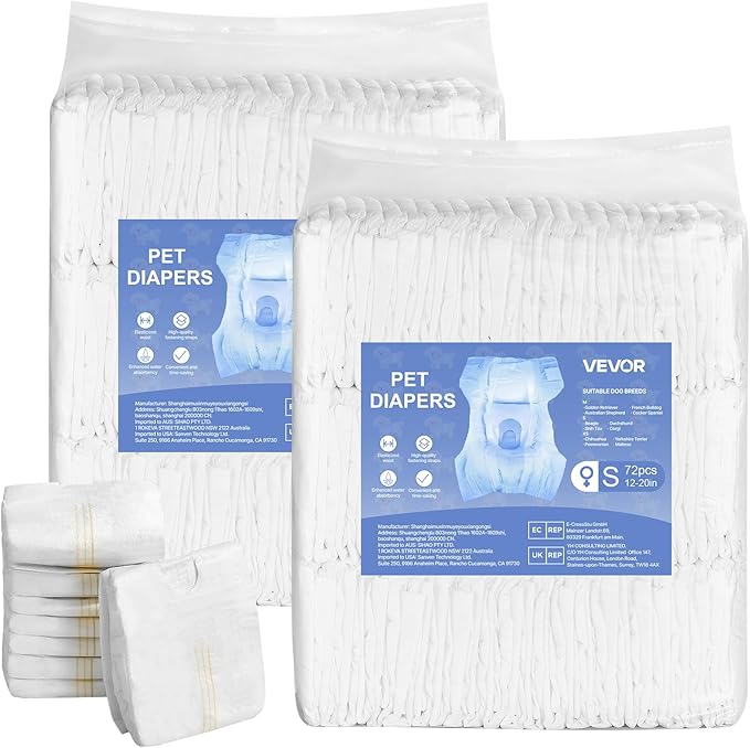 VEVOR Disposable Dog Diapers, Super Absorbent Female Dog Diapers, 360° Leak-Proof Female Doggy Pet Diaper with Wetness Indicator for Heat Period, Training, Incontinence - XS, 144 Count (2 Packs of 72)