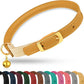 OOPSDOGGY Rolled Leather Cat Collar with Bell - Reflective Kitten Collar with Safety Elastic Strap - Adjustable Small Pet Collars for Boy Girl Cats (Camel)