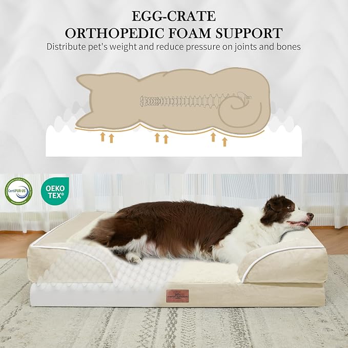 Comfort Expression Orthopedic Jumbo Dog Beds Waterproof, Extra Large Dog Beds Jumbo Breed, PV Washable Pet Sofa Couch with Removable Cover & Non-Slip Bottom(Beige)