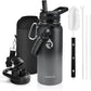 Insulated Water Bottle 32 oz, Triple Wall Vacuum Stainless Steel (Cold for 48 Hrs), Leak Proof & Non-BPA, Modern Water Flask Jug with Paracord Handle & Straw Spout Lids, Dark Grey