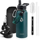 Insulated Water Bottle 32 oz, Triple Wall Vacuum Stainless Steel (Cold for 48 Hrs), Leak Proof & Non-BPA, Modern Water Flask Jug with Paracord Handle & Straw Spout Lids, Dark Green