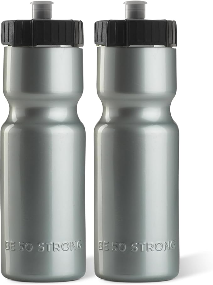 50 Strong Sports Water Bottles – Reusable 22 oz BPA-Free Plastic Bottles with Pull Top Cap – Made in USA – Top Rack Dishwasher Safe – Fits Most Bike Cages Brand