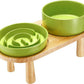 Ceramic Slow Feeder and Water Bowl Set for Medium and Large Dogs, Ceramic Dog Bowls Elevated with Wooden Stand, 2.0 Cups Dog Slow Feeder(30oz) and 70oz Water Bowl Set, Green