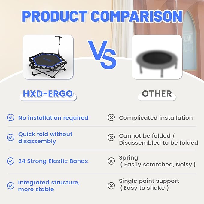 Foldable Mini Trampoline, Rebounder Trampoline with Adjustable Foam Handle, Fitness Trampoline for Indoor, Outdoor, Home Gym, Max Load 460 lbs