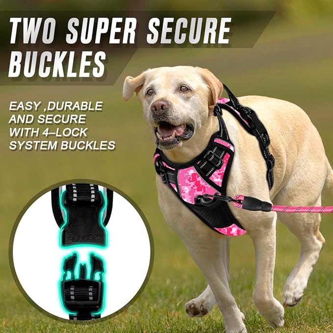 BARKBAY No Pull Dog Harness Front Clip Heavy Duty Reflective Easy Control Handle for Large Dog Walking(Pink camo,XL)