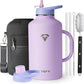 64 oz Water Bottle Insulated with Handle and Carry Pouch, Half Gallon Stainless Steel Water Bottles Mug with Straw Lid Spout Lid,Reusable Metal Tumbler Jug Flask Cup,Keep Cold & Hot,Purple
