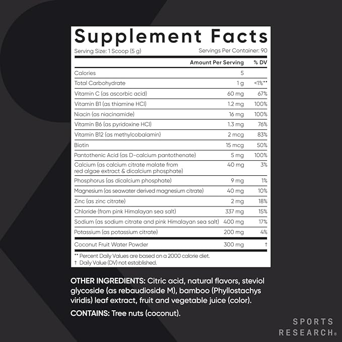 Sports Research® Hydrate Electrolytes Powder - Sugar-Free & Naturally Flavored with Vitamins, Minerals, and Coconut Water - Supports Hydration - Raspberry Lemonade - 90 Servings