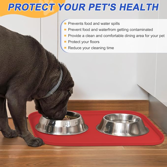 Silicone Pet Feeding Mat with Raised Edge for Food and Water, Dog Bowl Mats, Cat Bowls Placemat with High Lip for Floor Waterproof, Rubber Tray for Cats and Dogs 24 x 16 x0.8 Red