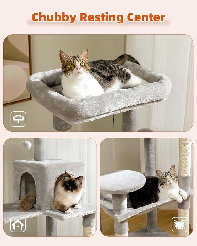 PETEPELA 56.3'' Tall Cat Tree for Indoor Cats, Multi-Level Cat Tower with Super Large Hammock (20''X16''), Sisal Covered Scratching Posts, Cozy Condo and Top Perch Grey