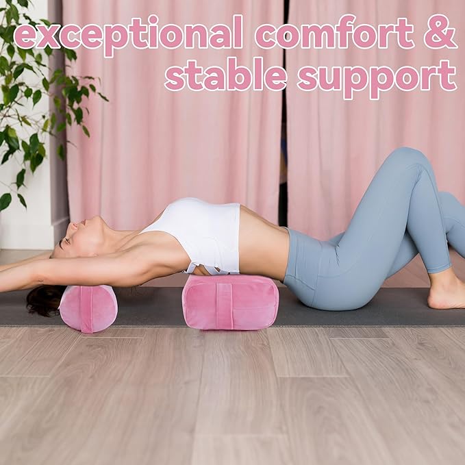 ROYALAY 2 Pcs Yoga Bolster Pillow for Restorative Yoga, Rectangular and Cylinder Meditation Pillow Set with Carrying Handles, Supportive Cushion for Exercise Workout Stretching Meditation,Pink