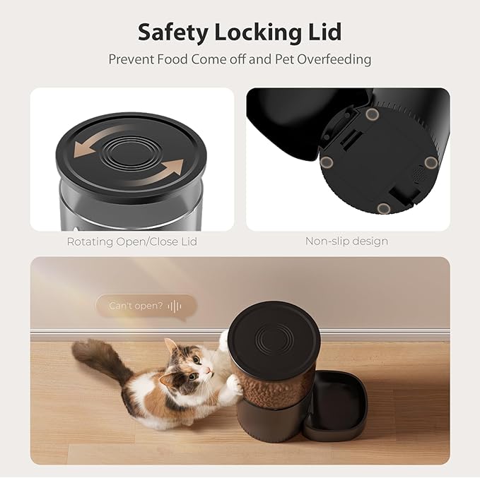 Automatic Cat Feeders, 5L Large Capacity, Timed Feeding Dry Food, Dual Power Design, Programmable Portion Size, 1-6 Meals Per Day, with Desiccant, Suitable for Small Pets Food Dispenser, Black