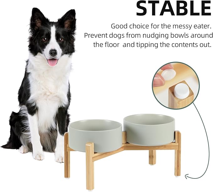 Ceramic Raised Double Bowls Set with Stand, Food & Water Bowls for Medium Breed Dogs, Weighted Dog Dishes, Pet Bowl(7.3'',41OZ, Grey)