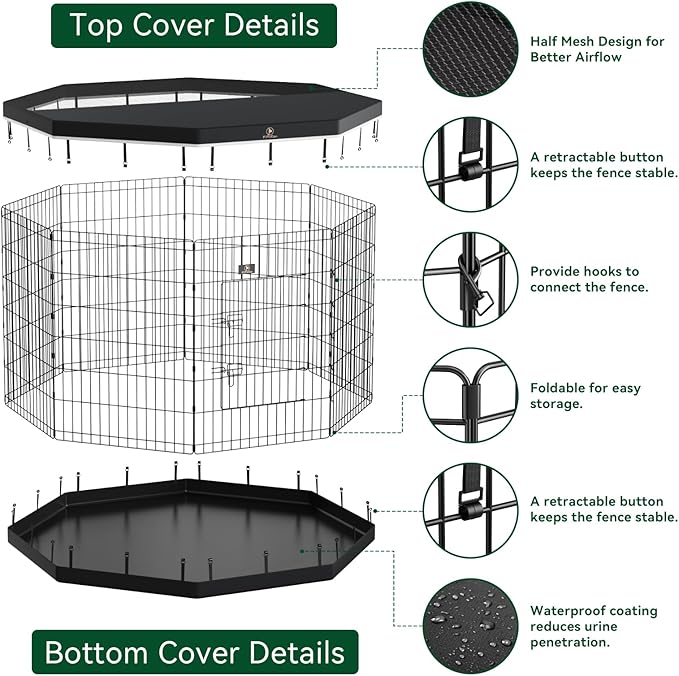 PJYuCien Dog Playpen, 8 Panels 42’’H Dog Pens Indoor with Bottom Pad and Top Cover, Metal Foldable Pet Puppy Exercise Fence Crate Kennel, Better for Medium and Big Animals,Black
