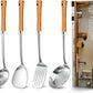 Pleafind 4-Pcs Cooking Utensils Set, Stainless Steel Kitchen Utensils with Wooden Hanlde, Kitchen Essentials Set Include Wok Ladle, Slotted Spoon, Wok Spatula and Slotted Spatula, Dishwasher Safe