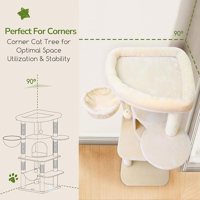 Globlazer Corner Cat Tree, 51in Curved Series Modern Cat Tower for Indoor Cats with Hammock, 7 Sisal Scratching Posts, Large Fan-Shaped Platform for Large Cats, Cat Condo & Hanging Basket, C51, Beige