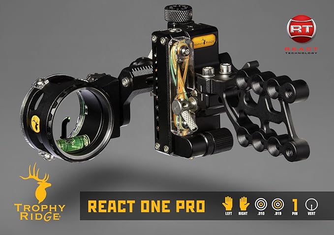 Trophy Ridge React One Pro Bow Sight - Accuracy up to 100 Yards, Tool Less Windage and Elevation Adjustability, 2nd/3rd Axis Leveling, Adjustable Click Light