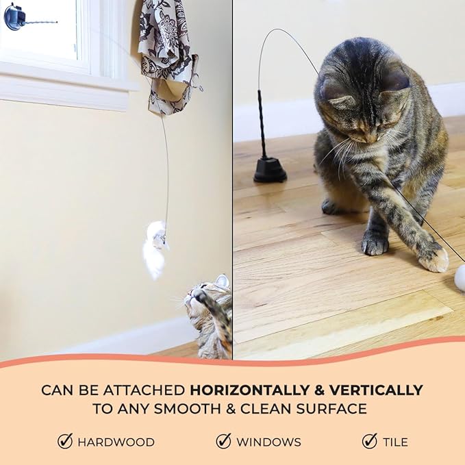Interactive Bird Simulation Cat Toy Set, Interactive Cat Toy for Indoor Cats, Cat Feather Toy, Suction Cup, Weighted Base, 5 Replacement Birds, Feathers & Bells, Realistic Bird Impression