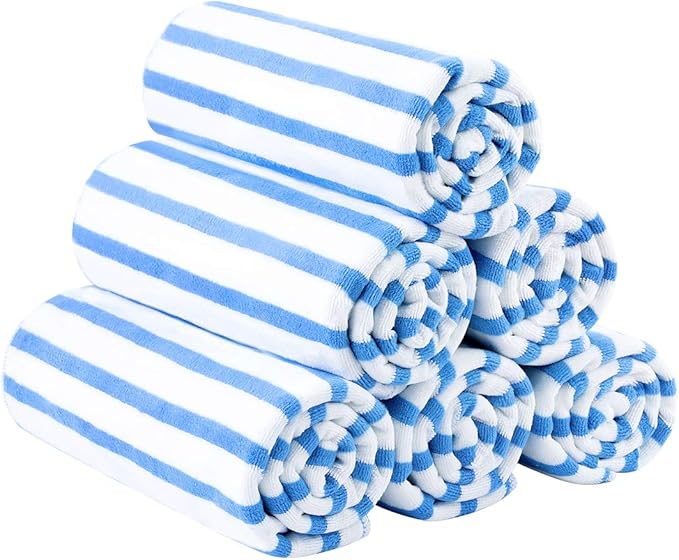 JML Microfiber Beach Towels, Large Bath Towel Set (6 Pack, 27" x 55") - Cabana Stripe - Quick Dry Microfiber Towels for Pool, Bath, Sport, Yoga, Camping, Swimming, Blue