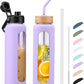 Kodrine Water Bottle with Straw, 24 oz Glass water Bottle with 2 Lids Bamboo Straw Lid and Spout Lid with Handle, 32 oz Clear Water Bottle Glass for Sports Travel, Waterbottle with Time Marker