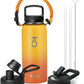 Trebo 32oz Water Bottle Insulated with Lid and Straw,Double Wall Vacuum Stainless Steel Metal Tumbler Sports Flask with Paracord Handle, Keep Hot 24 Hours & Cold 48 Hours Water Cup with 3 Lids, Orange