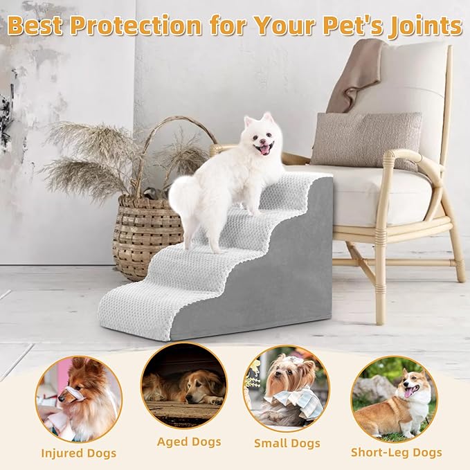 MIHIKK Dog Stairs Ramp, Curved 4-Step Dog Steps for Small Dogs and Cats, Pet Stairs for High Beds and Couch with Anti-Slip Washable Cover and Durable High Density Foam, Grey